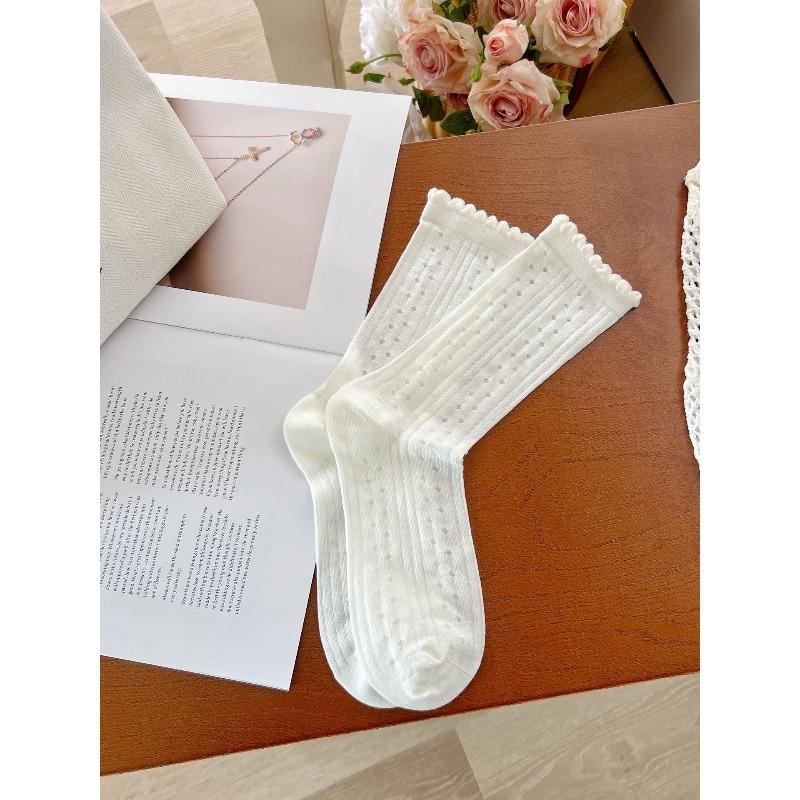 Ladies Summer Breathable Comfortable Dark Mesh Ballet Style Boneless White Medium Tube Stack Socks