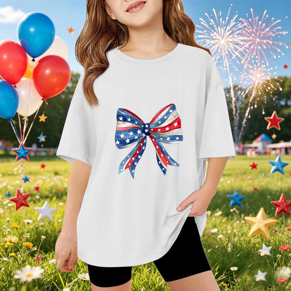 Kids Short Sleeve T-Shirt Independence Day Print Top American Style Bow Graphic Tee Casual Fit Comfortable Fabric