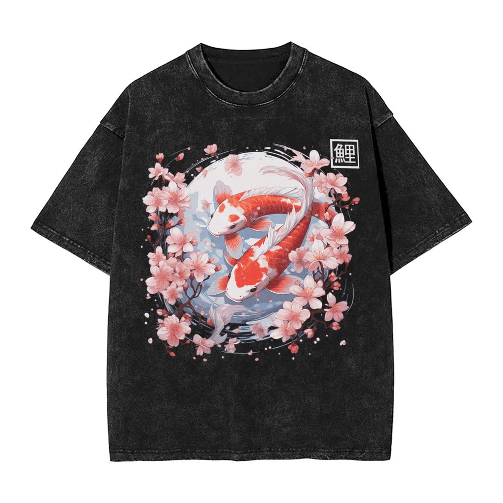 Koi Karpfen Fisch Japanische T-Shirts Gewaschen Kurzarm Harajuku T-Shirts Vintage Herren Damen Streetwear Bedrucktes T-Shirt