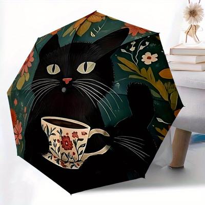 1pc Cat Cup Automatic Open/Close Umbrella with One Touch Button,, Windproof Design Lightweight Portable Umbrella for Women & Men6029