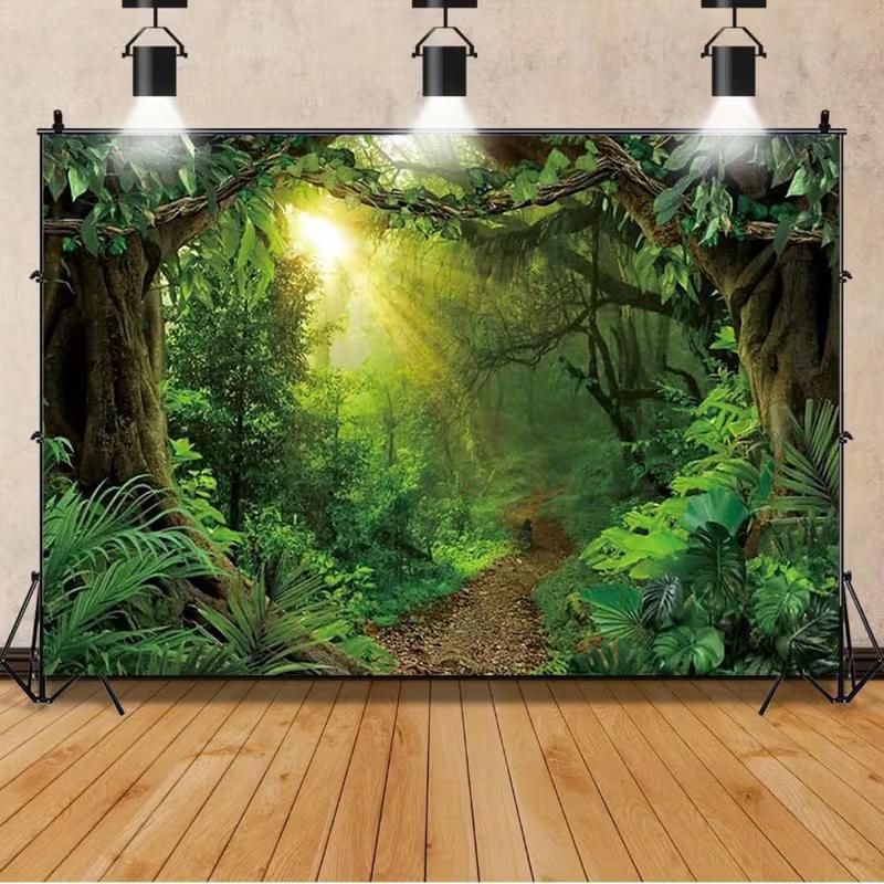 2D Golden Sun Ray Rainforest Trail Green Foliage Backdrop Baby Shower Photo Booth Background