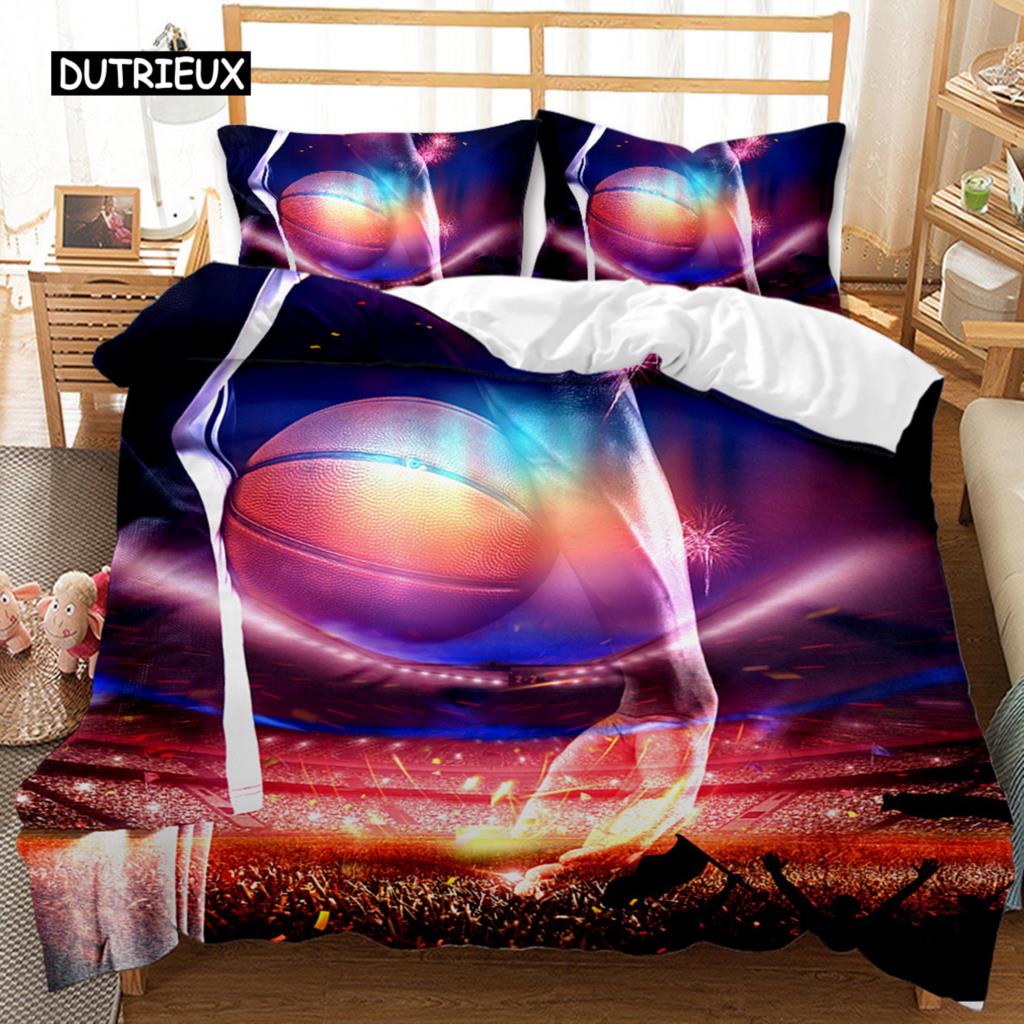 Basketball Duvet Cover Set Twin Size Sports Basketball Fire Pattern Twin Bedding Set Microfiber Quilt Cover for Boys and Teens