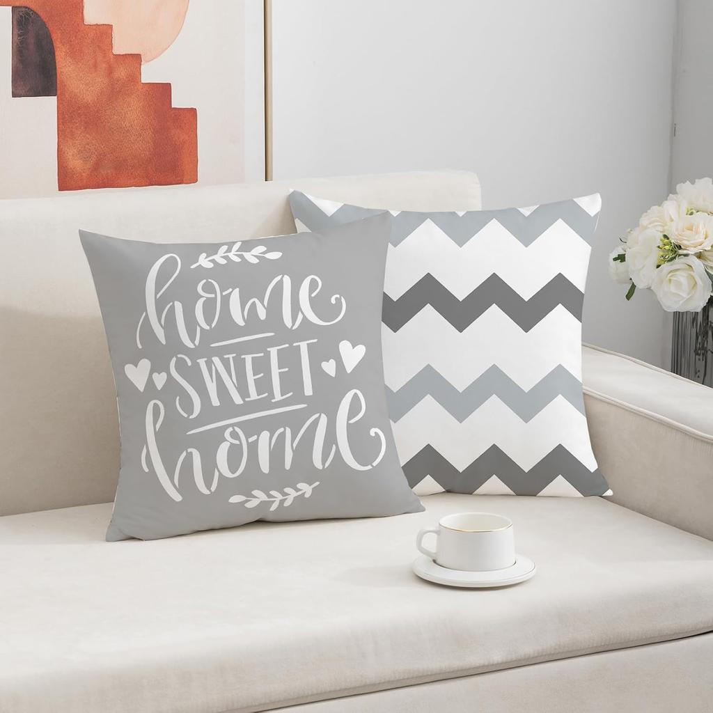 Farmhouse Pillow Covers Of 4 Gray Double-Sided Printed Throw Pillow Covers - Super Soft Short Plush Pillow Case For Couch