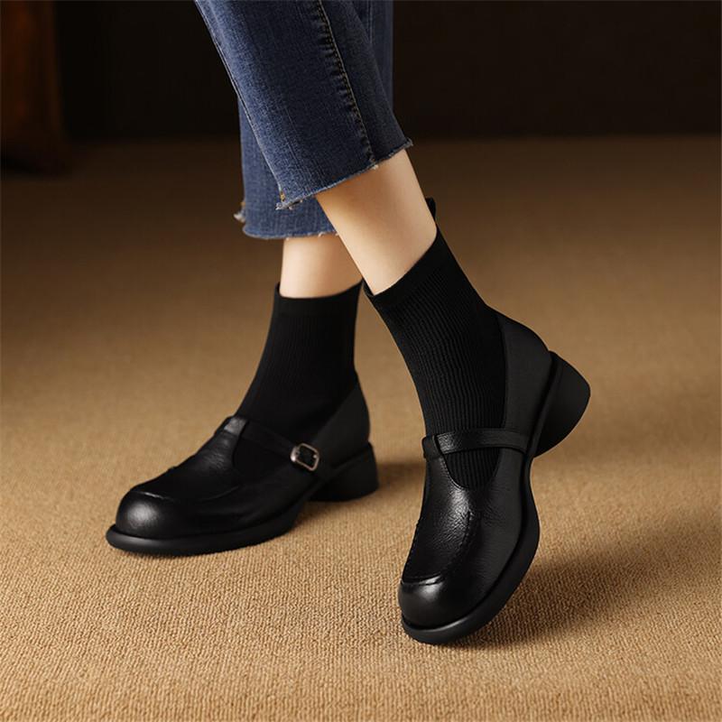Fashion New Autumn Genuine Leather Women Boot Fashion Round Toe Boots for Women Short Boots Botines Mujer Chunky Heels Skinny Boots
