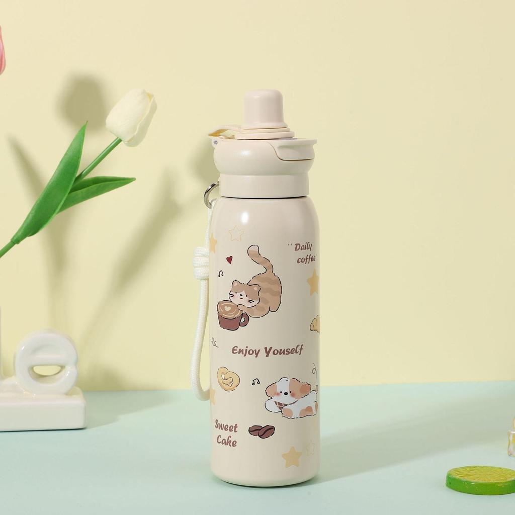 New High-value Cute Cartoon Straw Cup Will Carry Rope Double Drink Straight Cup 316 Stainless Steel Thermos Cup