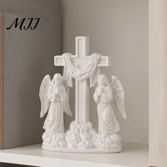 Minimalist Angel Desk Decor 3D Printed Praying Ornament, Dual Angels with Flowing Cloud Base, Sacred Pure White Matte Statue Sculpture for Prayer