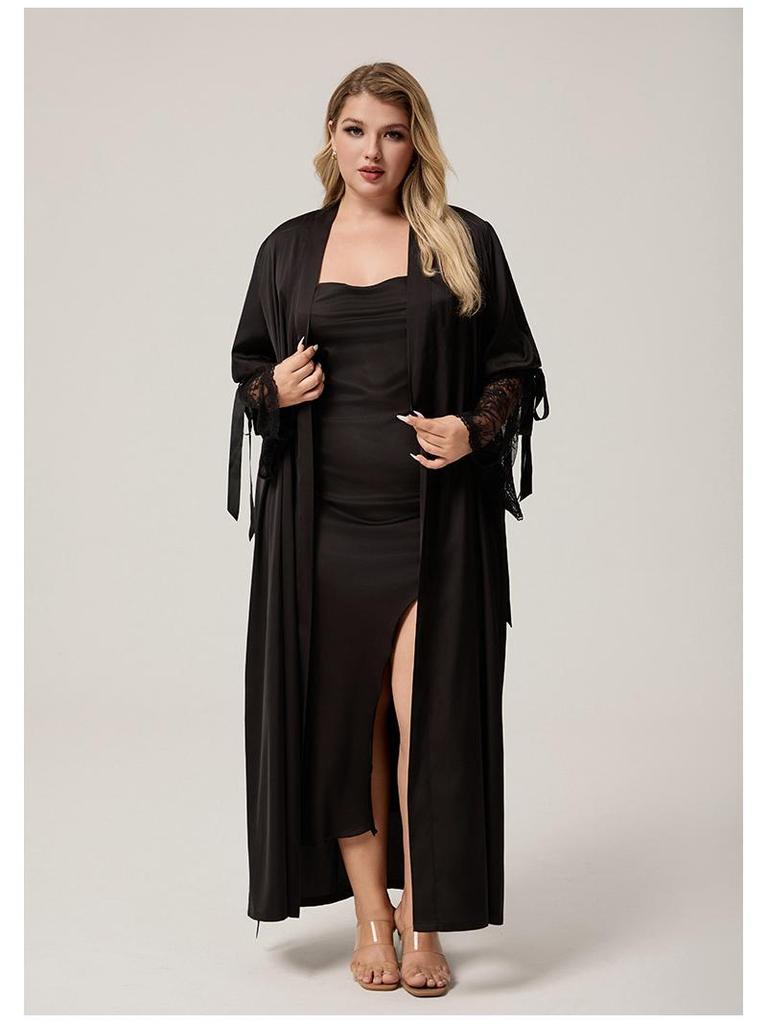 Yaoting Satin Chiffon Spitzenbesatz Übergröße Damen Morgenmantel - Langarm Frühling/Herbst Pyjama, CP3815