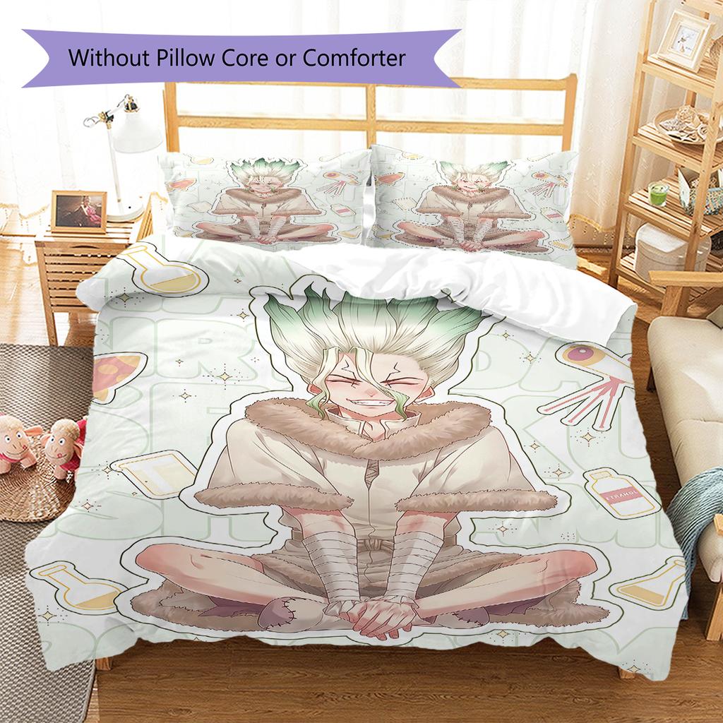 Dr STONE Pattern Bedding,Quilt Set Quilt Cover Pillowcase Home Birthday Gift (1 * Duvet Cover + 2 * Pillowcase, Without Core)