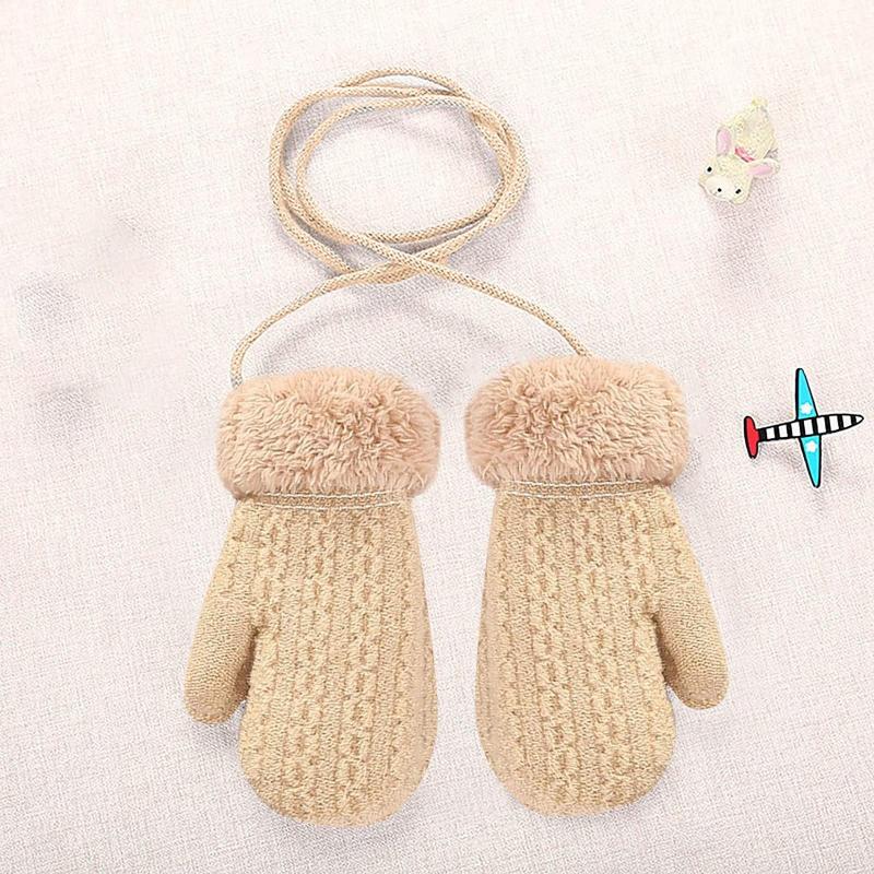 

Детские двухслойные вязаные шерстяные и бархатные толстые теплые перчатки с петлей на шею и защитой от потери для детей 1-4 лет One Size бежевый