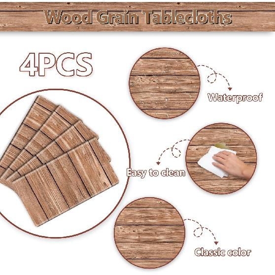 4Pcs Wood Tablecloth, Light Brown Grain Table Covers, Rectangular Table Decoration for Western Barn Themed Barbecue Party Decorations, 51 X 86.6 Inch