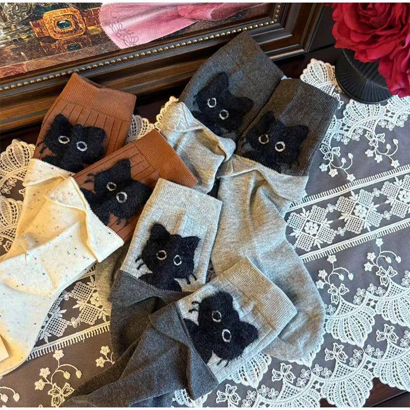 Autumn Winter Peekaboo Cat Cartoon Mid-Calf Socks Kawaii Cute Warm Socks Cotton Home Sleep Sock Soft Comfortable Daily Wear Gift