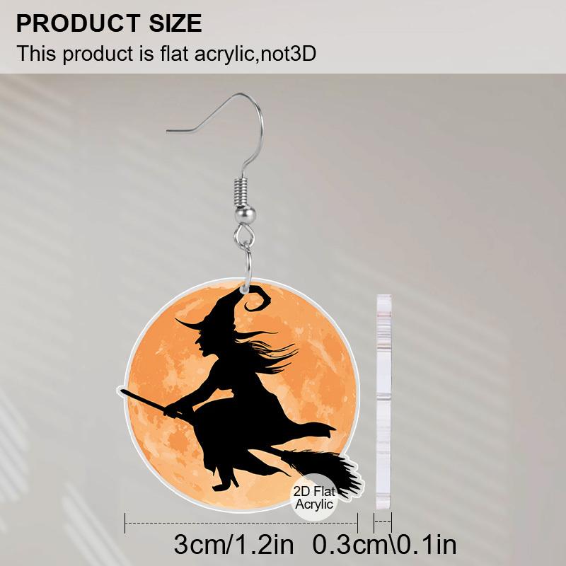 2D Flat Acrylic Halloween Witch Riding Broom Pendant Earrings, Suitable As A Holiday Gift for Women, Holiday Party Decoration Jewelry.