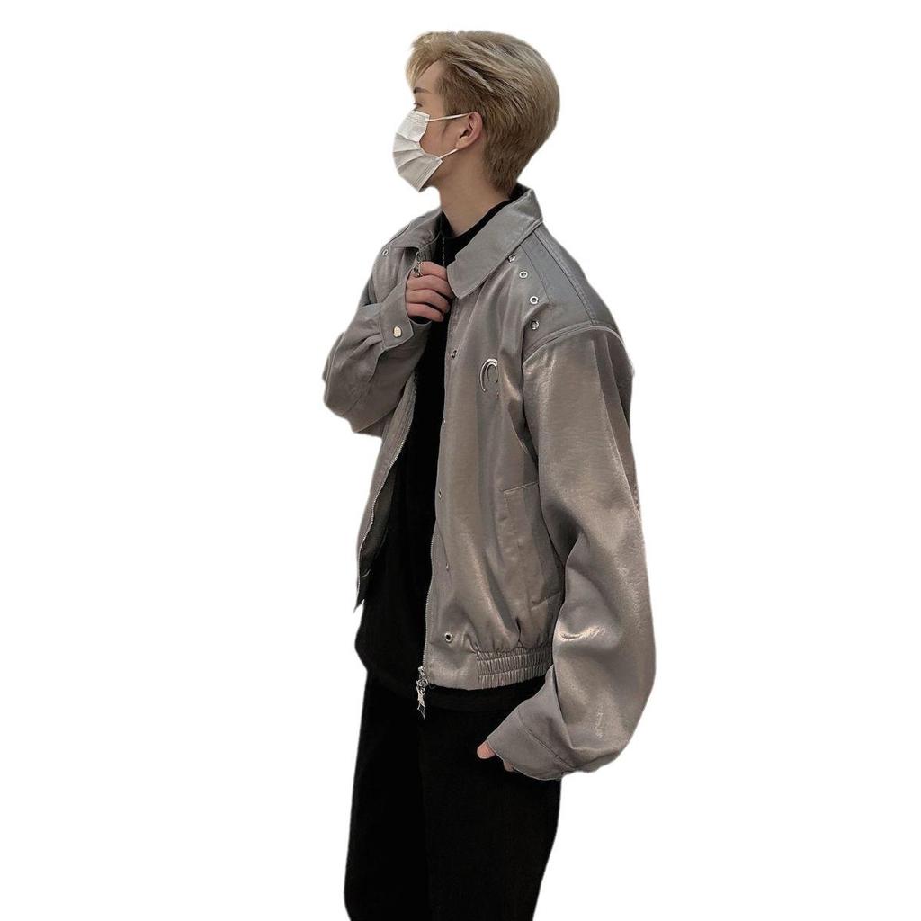 Men's High-End American Retro Liquid Metal Shoulder Pad Jacket