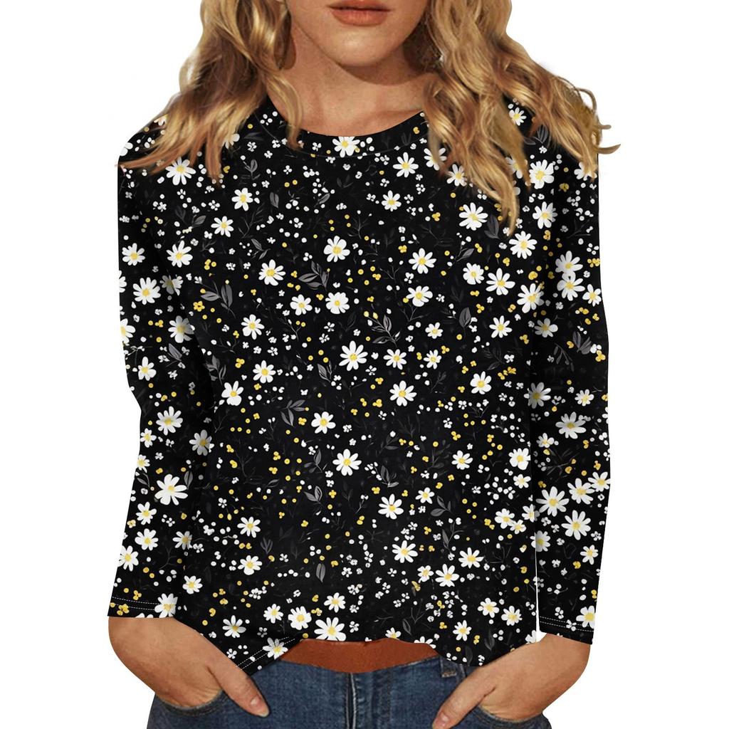 Women's Fashion Casual Long Sleeve Flowers Print Round Neck Top