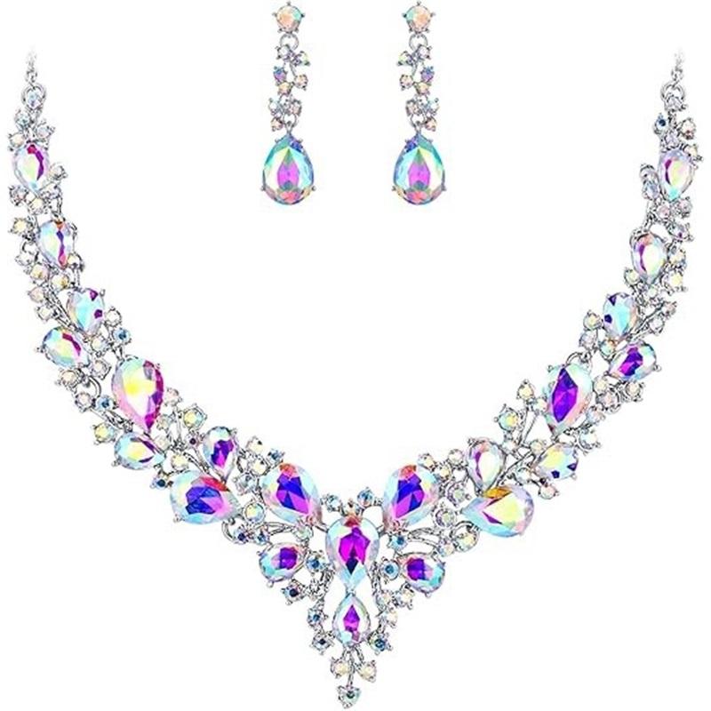 Newlywed Rhinestone Crystal Necklace And Earrings Set - Luxurious Jewelry Set For Ladies' Dance And Banquet Events