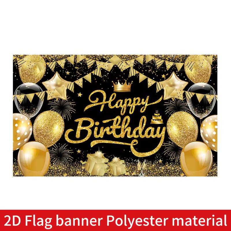 2D Black & Gold Themed Birthday Photo Booth Backdrop with Bunting Flags