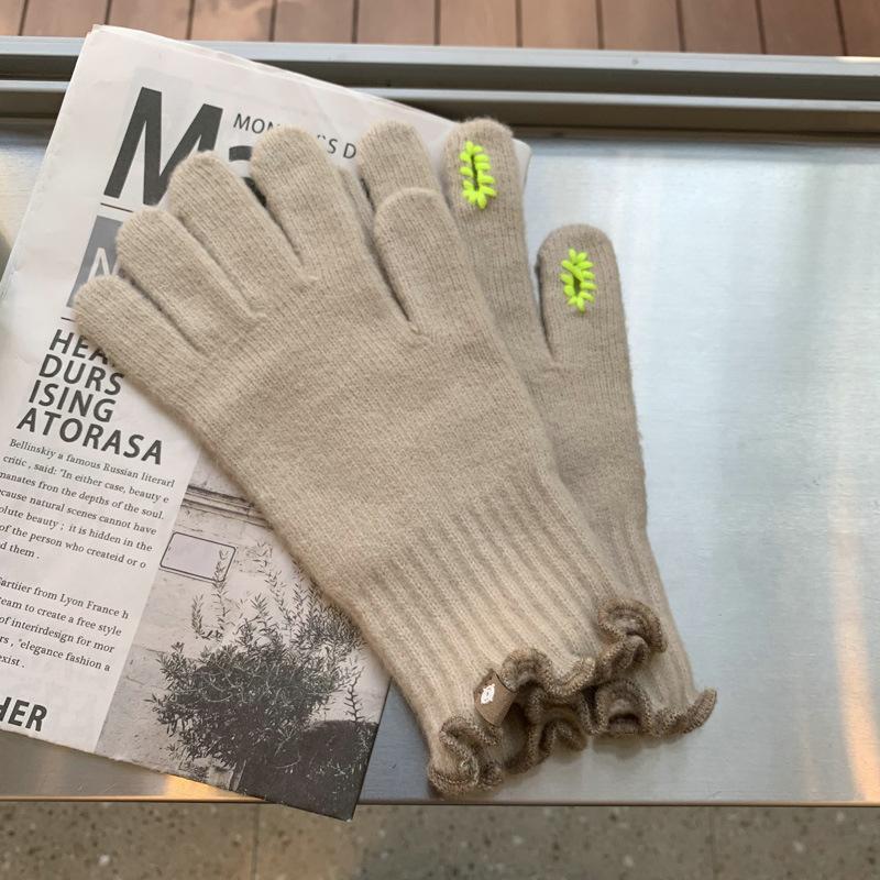 Fashionable Five-finger Glutinous Autumn and Winter Touch Screen Reveals Two Finger Warm Soft Women's Cute Wool Wool