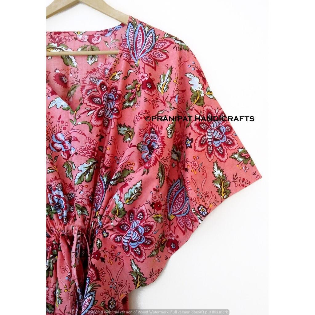 Damen Sommer Baumwolle Nachtwäsche Blumendruck Pfirsich Langes Maxi Ethnisches Kaftan Kleid CKFTN-SCRN-FULL-BUYIT-065