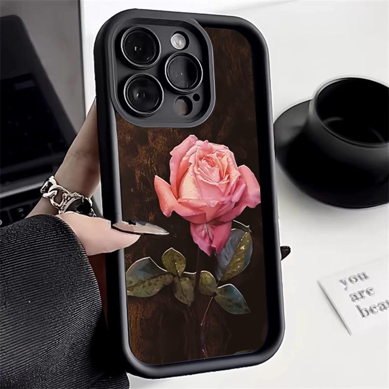 Aesthetic Rose Floral Pattern Silicone Phone Case For iPhone 16 Pro Max 15 14 13 12 11 7 8 Plus X XS XR SE 16E Shockproof Cover