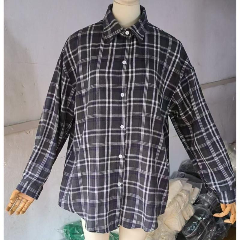 

Checkered Retro Style Casual Cardigan, Versatile Lapel Long-sleeved Women s Blouses & Shirts XL