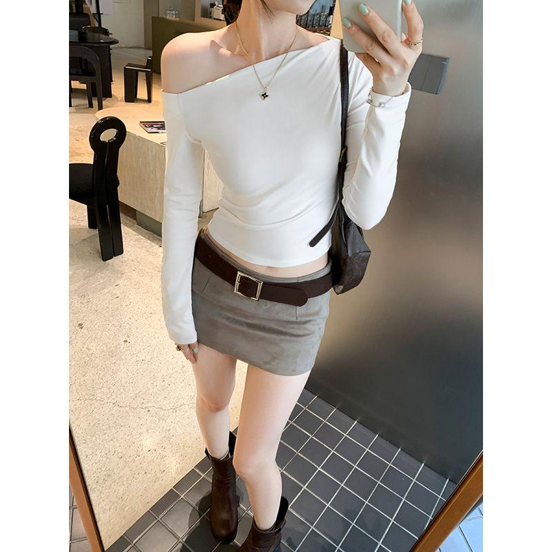 Kumikumi Design Gray Sloping Shoulder Long sleeves Shirt Women Autumn Niche All-Match Loose Slimming Casual Top