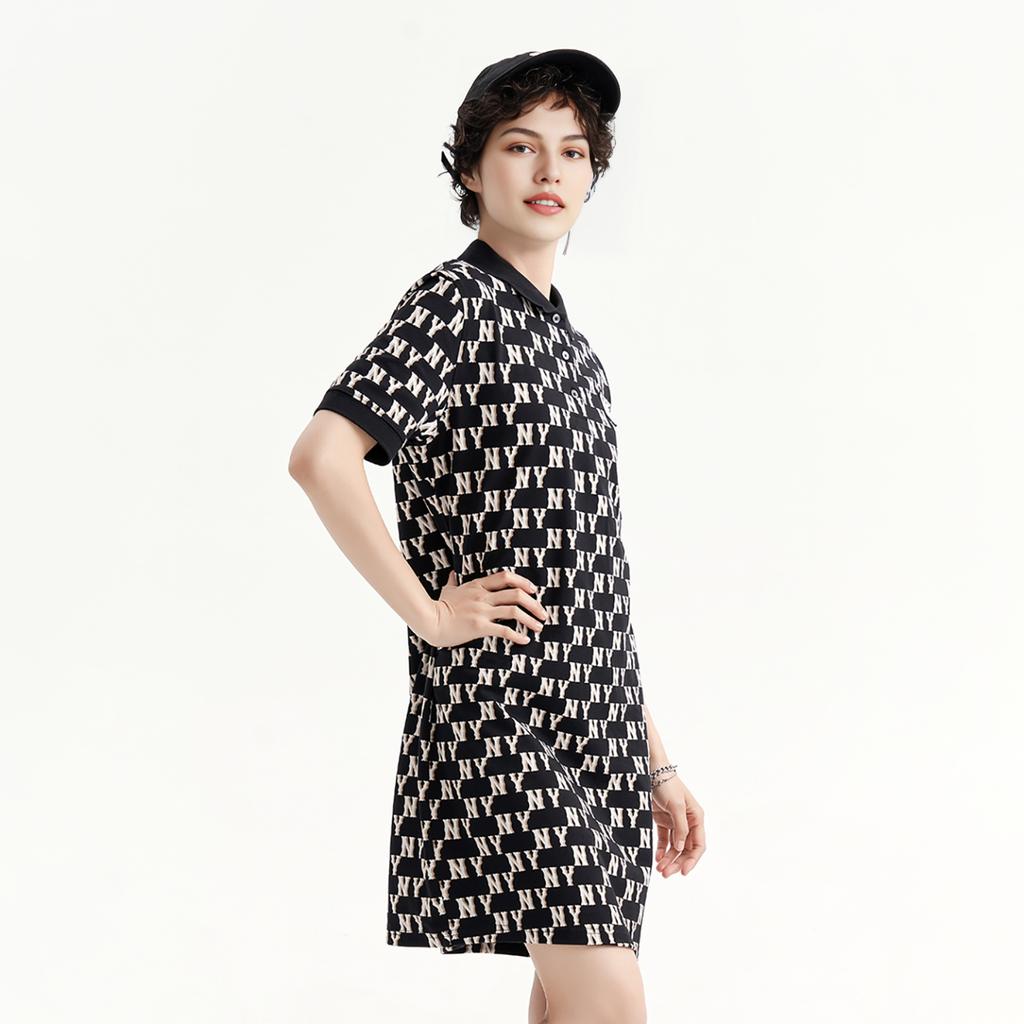 MLB New York Yankees Logo Print Sports Interwoven Letter Mid-Waist A-Line Casual Polo Dress Women dresses Black 3FOPM0233-50BKS
