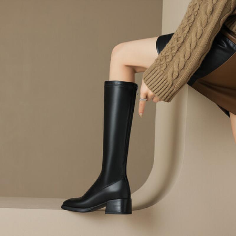 Autumn and Winter Women's Leather High Boots Solid Color Comfortable High Boots Medium Heel Large Size Women's Boots Korean Version of the N