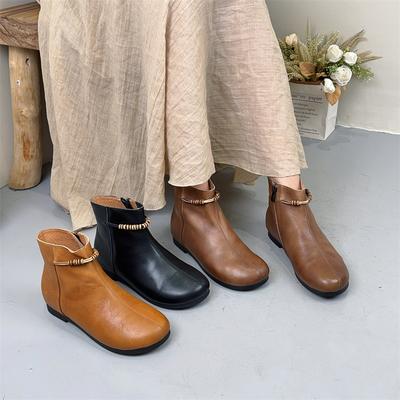 Retro Kurze Stiefel mit seitlichem Reißverschluss Echtes Leder Weiche Sohle Bequeme Damenschuhe