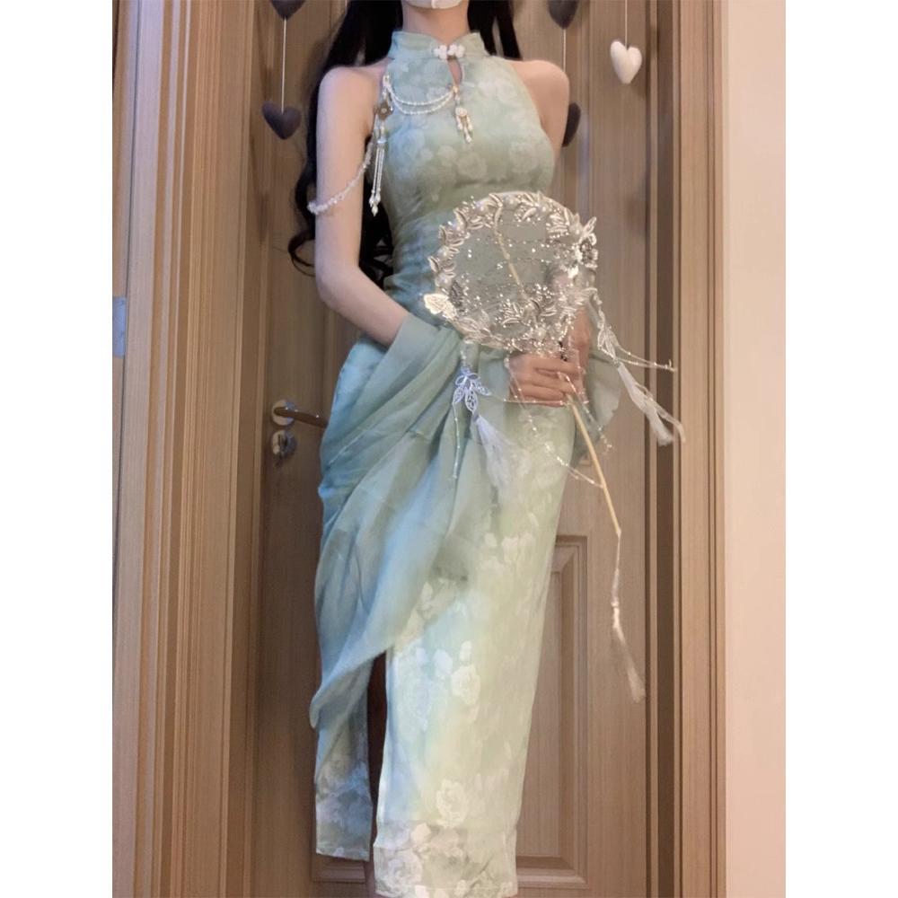 Grünes Cheongsam im nationalen Stil, verbessert, neues reines Verlangen, neuer chinesischer Kragen, lässiges Damenkleid, Damenstil, langes Kleid