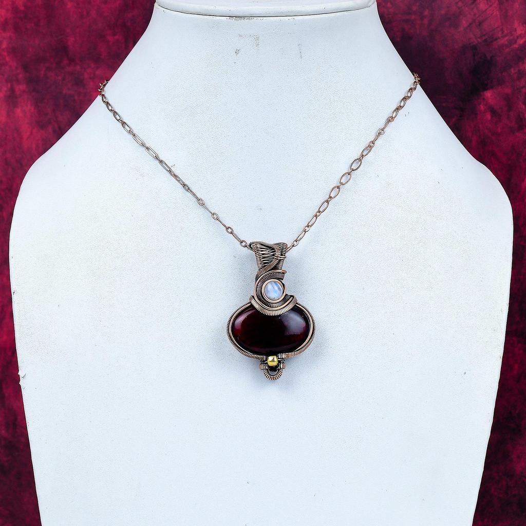 Red Fire Labradorite Pendant Rainbow Moonstone Copper Wire Wrapped Pendant