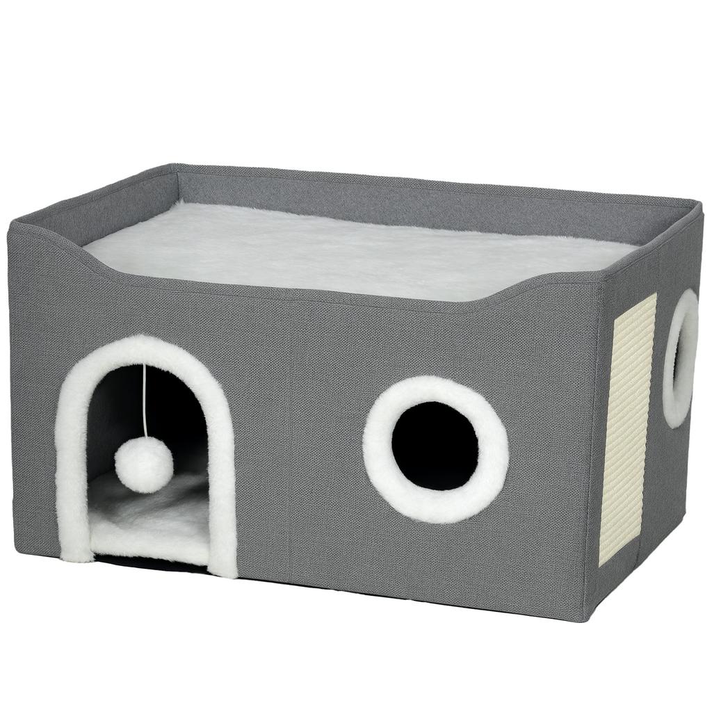 Cat Bed for Indoor Pets, Foldable Cat House with Fluffy Ball and Scratch Pad for Small and Medium Pets, Grey