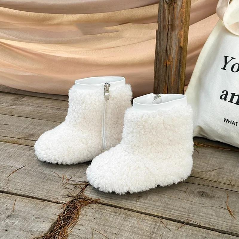 

Korean Girls Snow Boots 2024 Winter New Children Cotton Shoes Warm Middle Boots Plush Baby Fur Shoes for Girls botas para niñas 30-Insole18.5cm білий