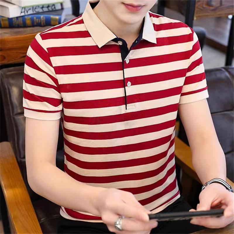 Men's Striped Ice Silk Polo Shirt - Casual Summer Short Sleeve