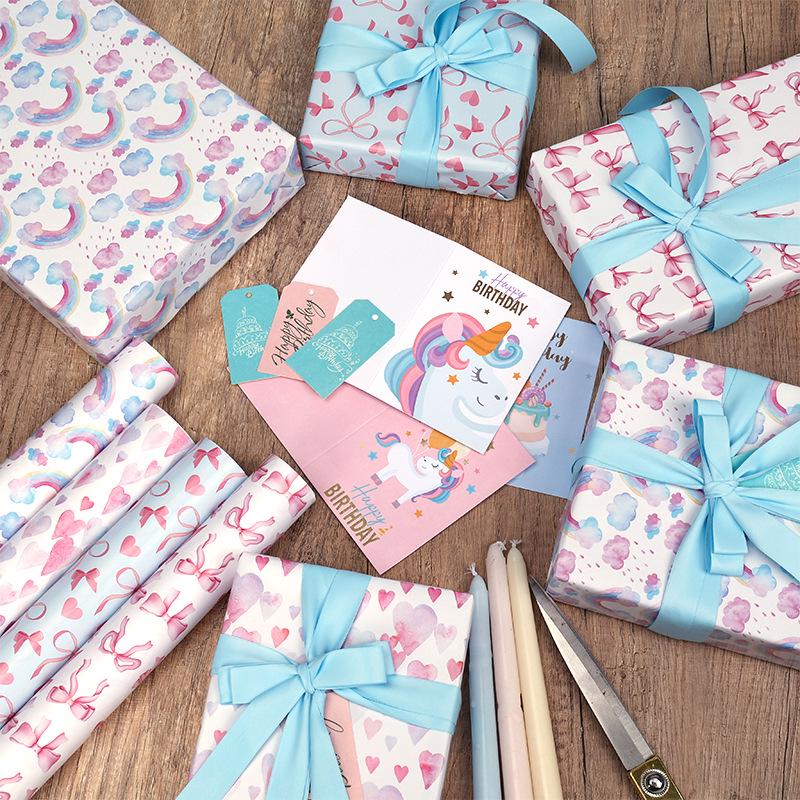 New Pink Bow Ribbon Large Birthday Gift Wrapping Paper Roll - Rainbow Ink Style