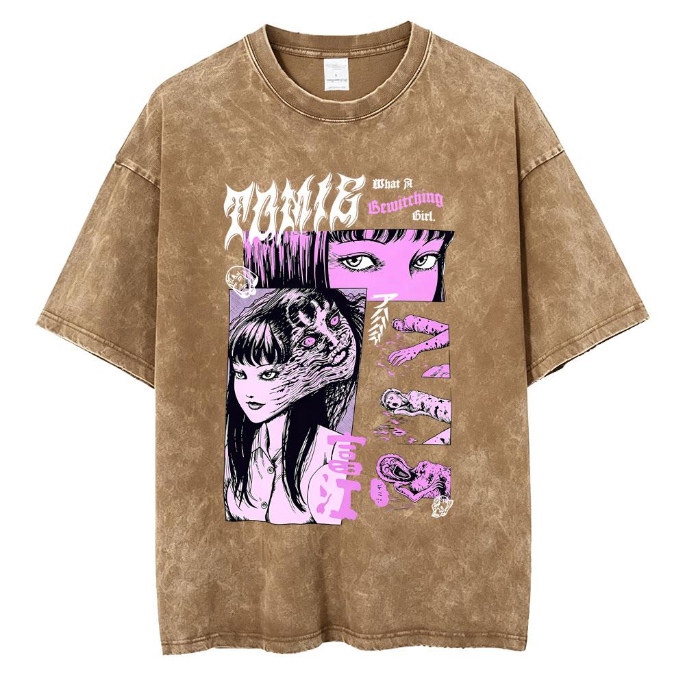 Anime Tomie Junji Ito Vintage Washed T-shirt Men Women Manga Horror Gothic Rock T Shirts Male Retro High Quality Cotton T-shirts