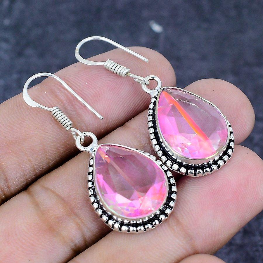 Natürlicher Mystischer Regenbogen-Topas Edelstein 925 Sterlingsilber Ohrring 1,65" Q9B35