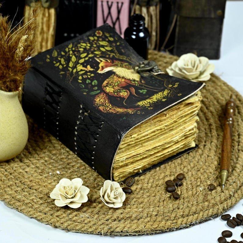 Handmade Fox Leather Journal –  Vintage Grimoire Book of Shadows, Rustic Fat Notebook, Witchcraft Gift for Men & Women
