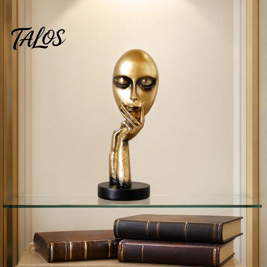 Talos Abstract Contemplative Face Resin Sculpture, Minimalist Hand-on-Chin Bust Statue for Desk Living Room Office, Creative Art Decor Entryway