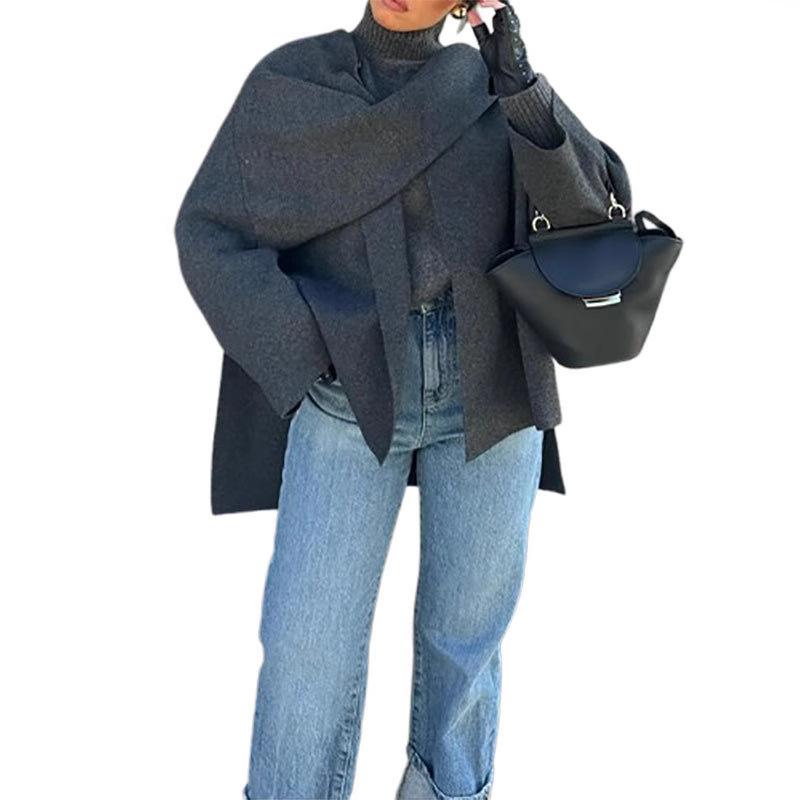 Dámský pletený kabát/bunda s krátkým/dlouhým rukávem na podzim a zimu, ležérní volný šál, pláštěnka, šála, kardigan