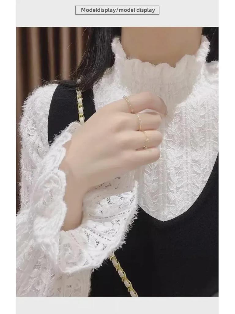 Women's Thickened Velvet Lace Half-Turtleneck Top - Elegant Autumn/Winter 2024 Fashion