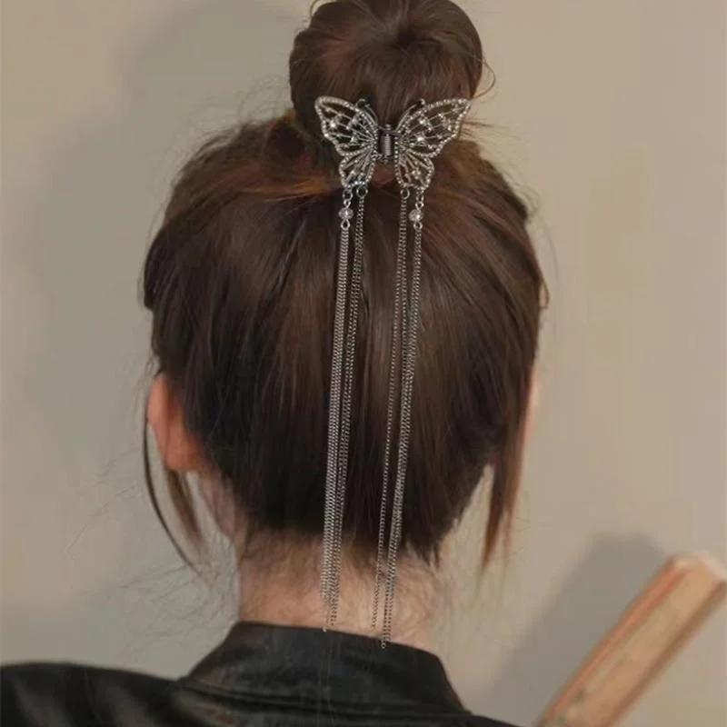Luxury Pearl Butterfly Hair Clips Rhinestone Tassel Hair Claw Women Temperament Hairpin Ponytail Clip Headwear Hair Accessories
