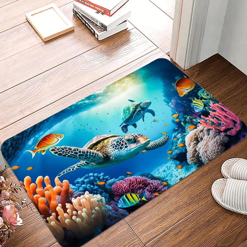 Grand Ocean Scene Door Mat with Whales Dolphins and Tropical Fish Non-slip Floor Rug for Entrance Home Decorative Mat