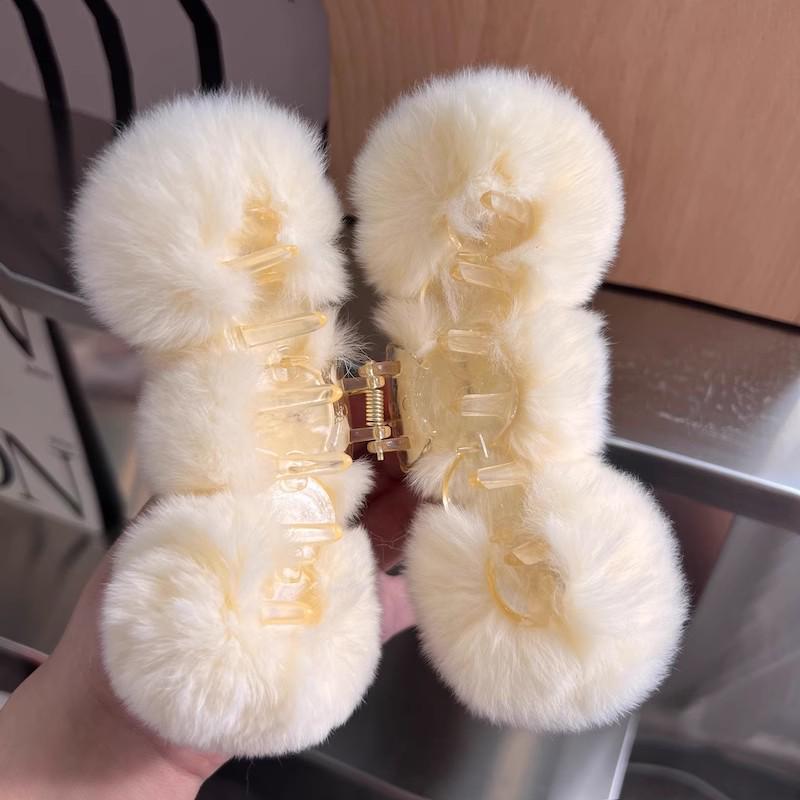 Extra Large Plush Rex Rabbit Fur Pom-Pom Hair Claw Clip - Winter Headwear Trend