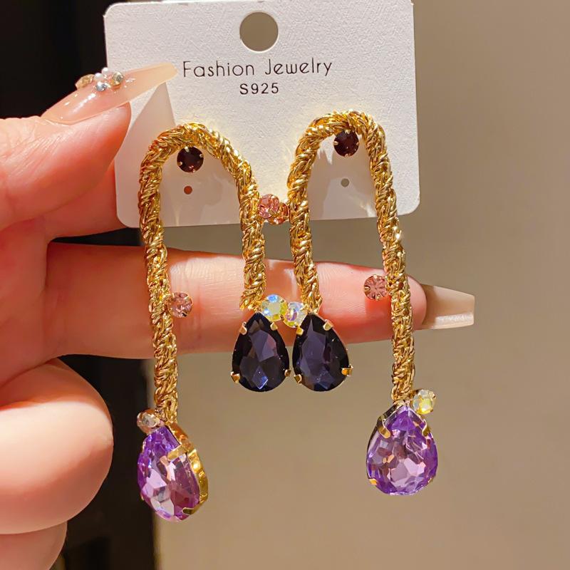 Retro Silver Needle Zircon Glass Water Drop Earrings Court Temperament Stud Earrings Personality Trend Versatile Earrings Women