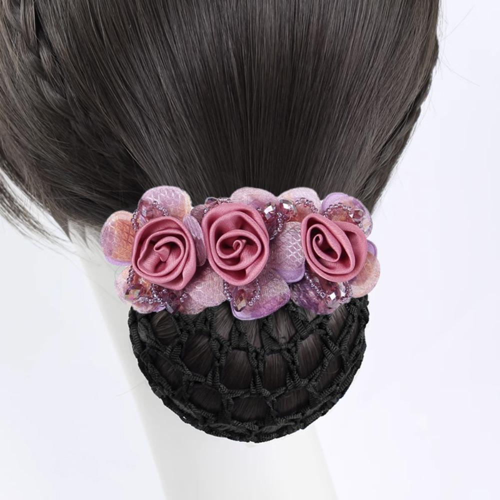 Updo Styling Tool Flower Hair Net with Spring Clip Net Pocket Headdress  For Work Use