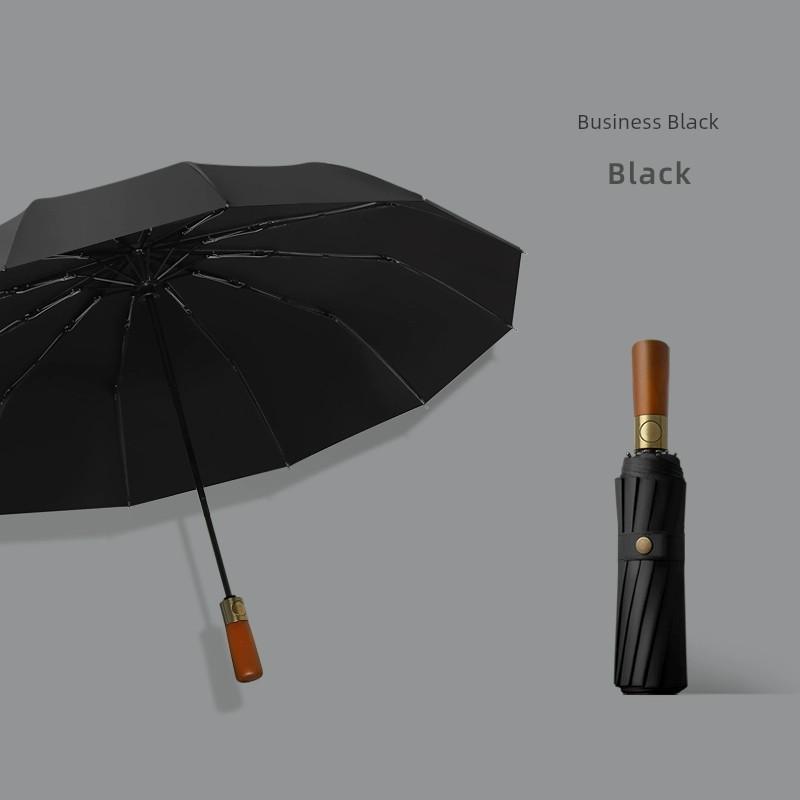 Automatic Umbrella Men Wooden Handle Reinforcement Sun Protection UV Protection Rain and Rain Dual-Use Female Vinyl Rainstorm Dedicated Umbrella