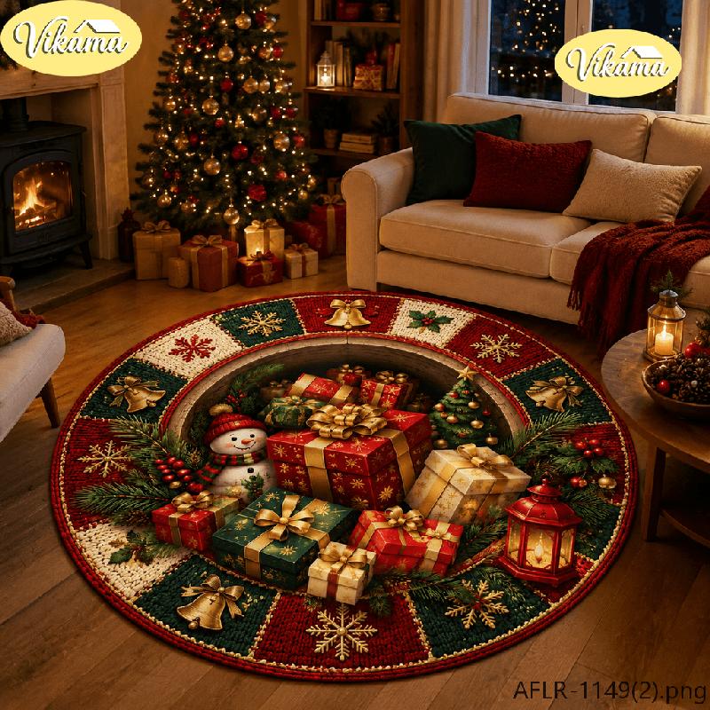 VIKAMA3D Christmas Tree Skirt Round Rug, Non-Slip Living Room Mat, Christmas Decorative Holiday Party Rug, Home Decor