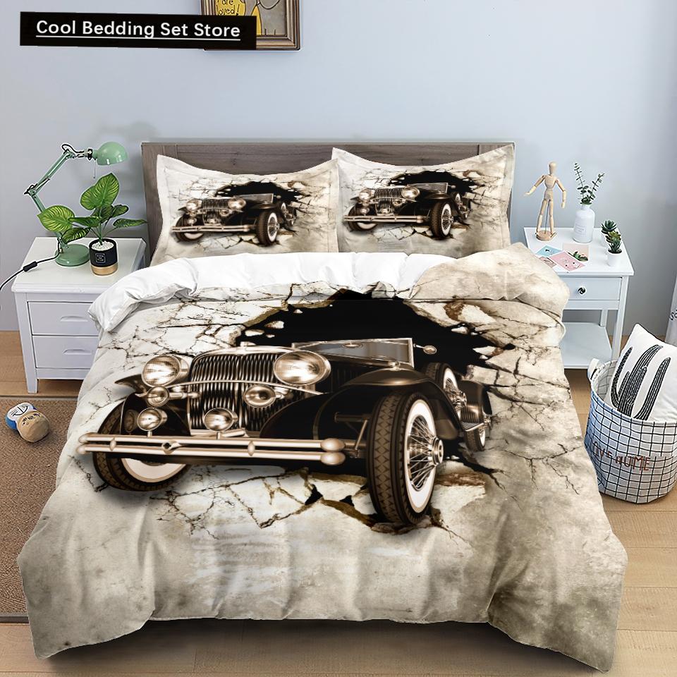 3D Car King Queen Duvet Cover Vintage Lightweight Train Bedding Set for Teens Adult Racing Supercar 2/3pcs Polyester Quilt Cover