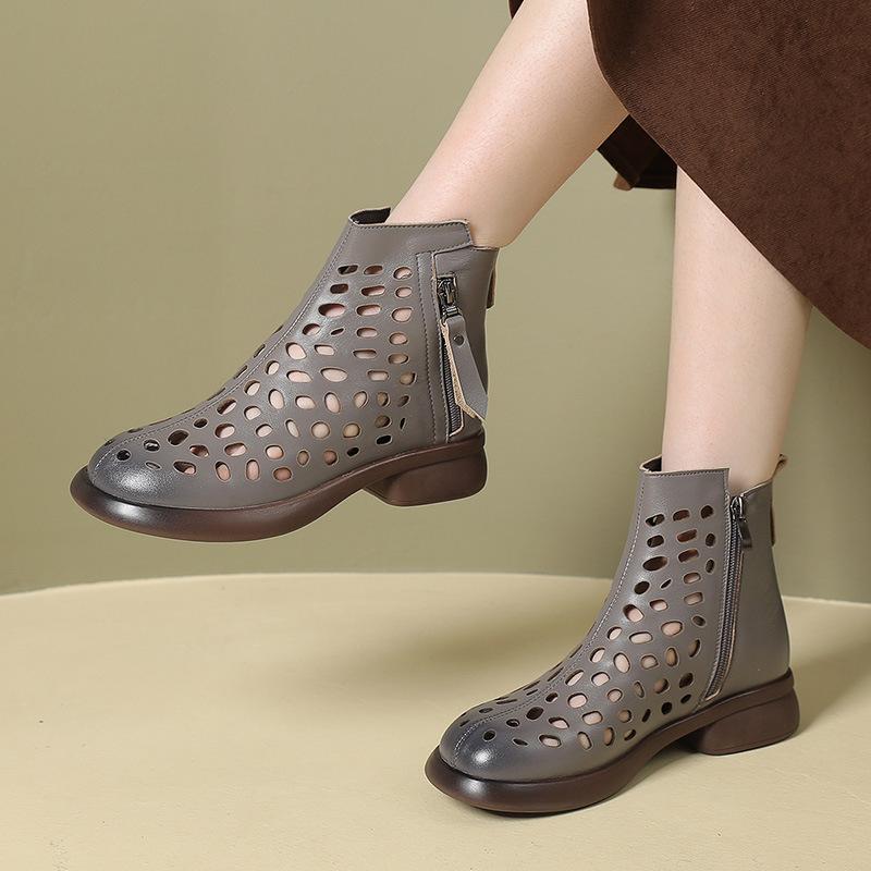 Fashion GKTINOO 2025 Summer Ankle Boots Genuine Leather Shoes Women Mid Heels Sandals Side Zip Boots Cutout Breathable Mujer Zapatos