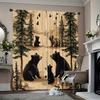 2pcs Vintage Bear Print Light Filtering Curtains - 100% Polyester Durable Machine Washable   Art Deco Forest Scene with Pine Tree